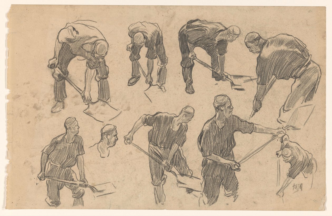 Folha de estudo com esboços de um trabalhador de escavação de Pieter de Josselin