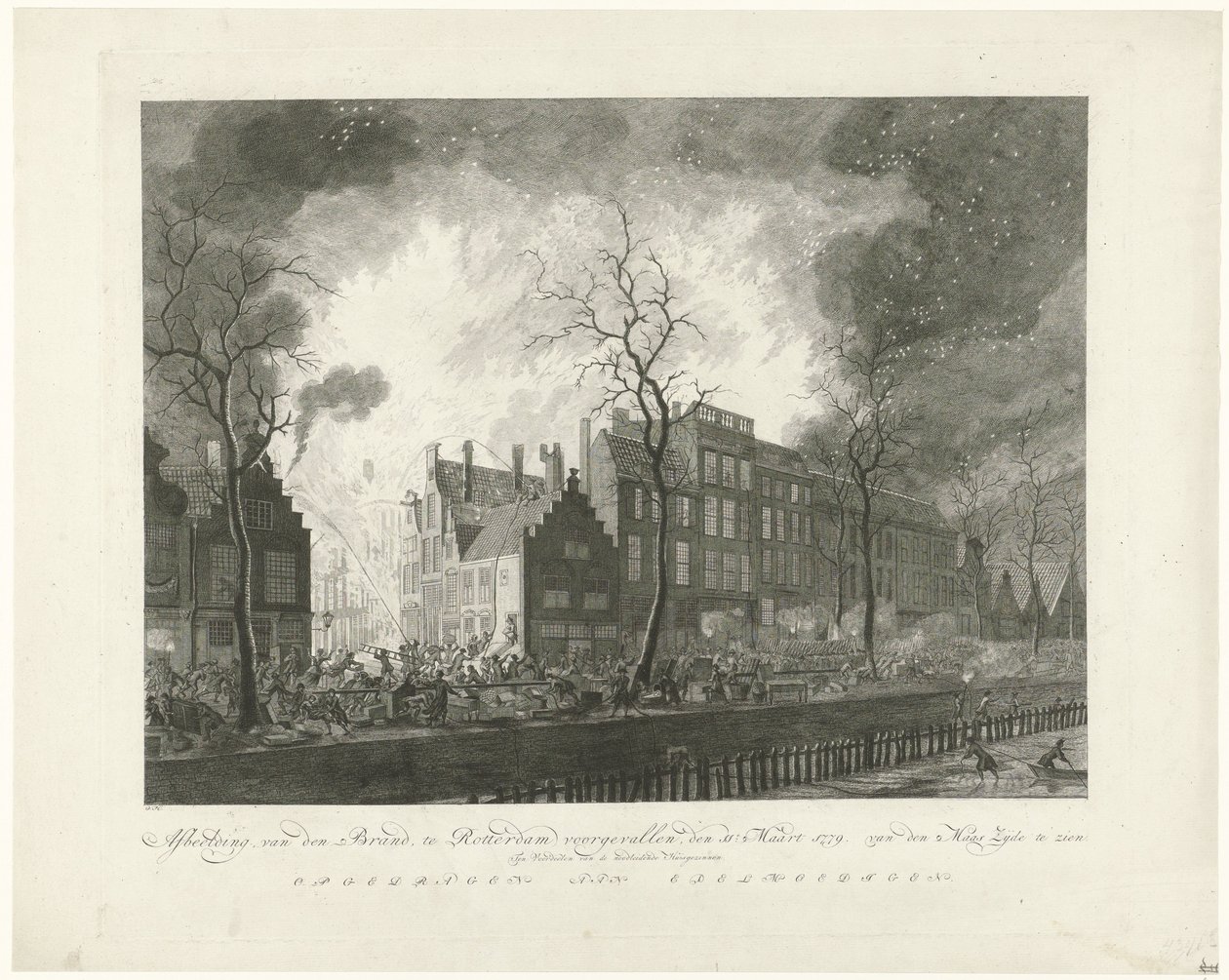 Incêndio no Pottery Alley em Rotterdam, 1779 Imagem, van den Brand, ocorreu em Rotterdam, no dia 11. Março de 1779. Van den Maas Silk em exposição (título no objeto) de Pieter de Mare