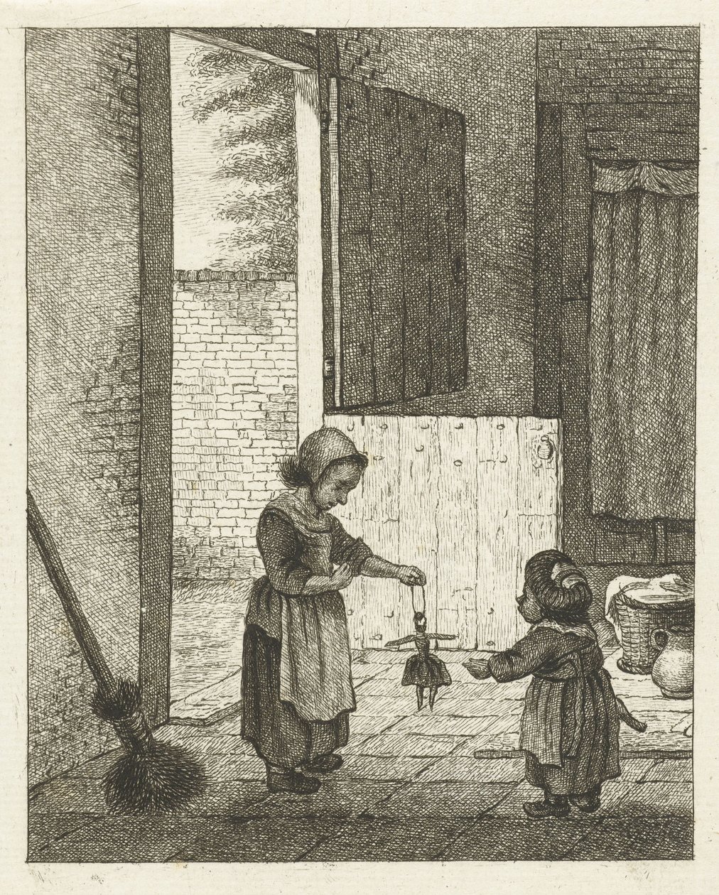 Duas meninas brincando com uma boneca de Pieter de Mare