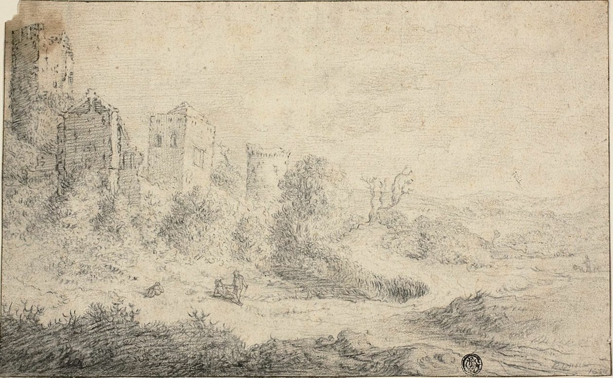 Paisagem com castelo em ruínas e três figuras de Pieter de Molijn