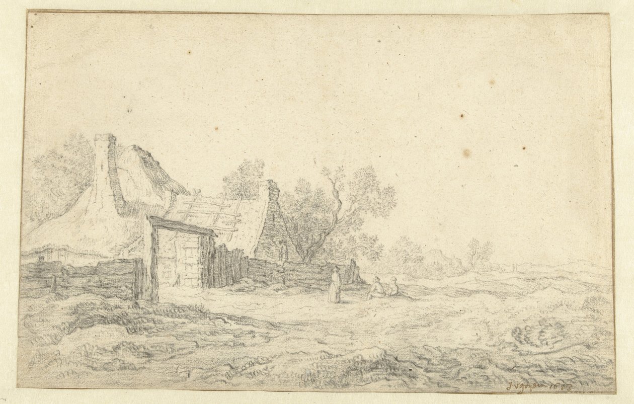 Paisagem de dunas com três figuras em frente a uma fazenda de Pieter de Neyn