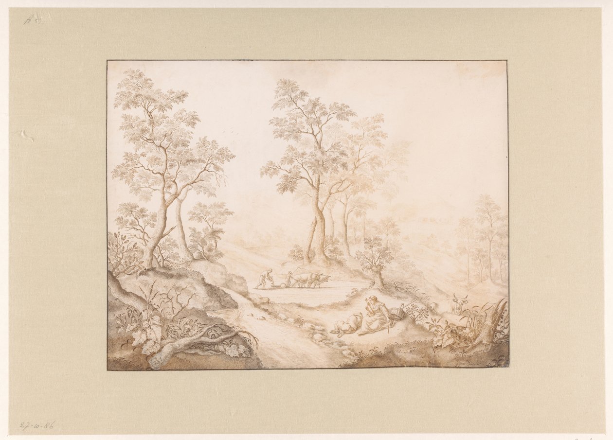 Paisagem arborizada com mulher, homem e agricultor de Pieter de Porck