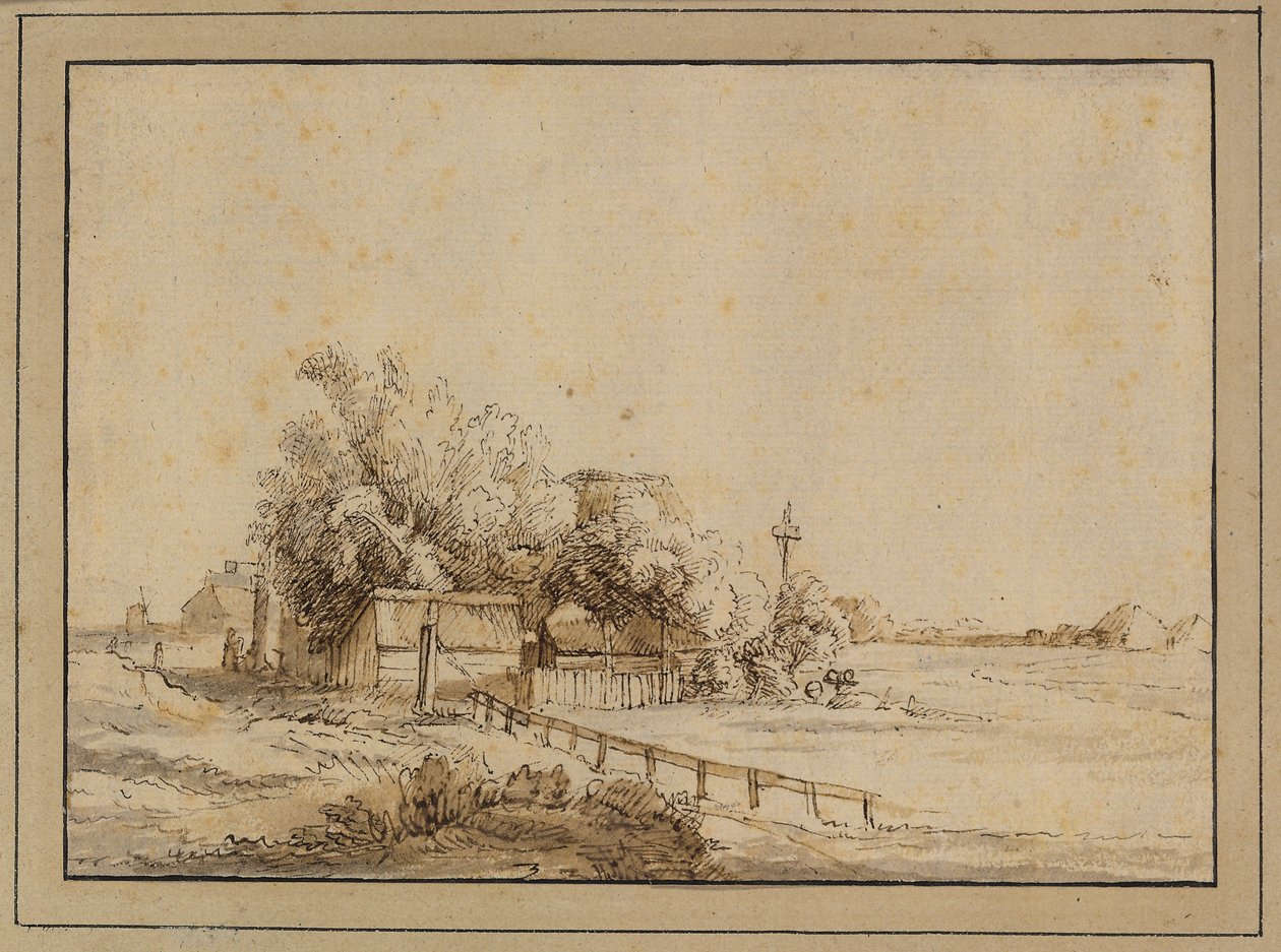 Figuras do lado de fora de uma pousada, edifícios agrícolas e o poste de uma pomba, nos arredores de Amsterdã de Pieter de With