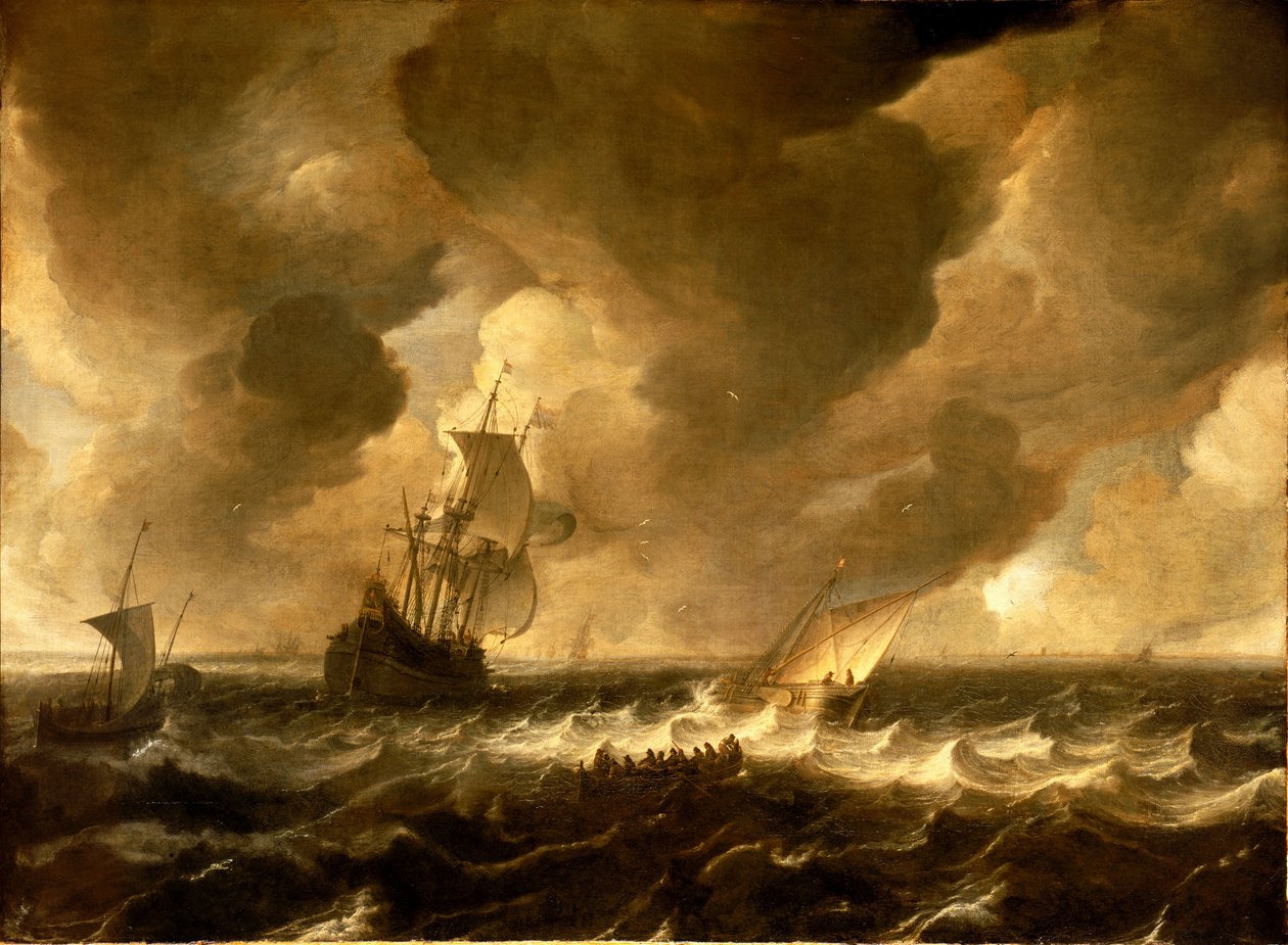 Uma flauta e outras embarcações ao largo da costa holandesa, meados do século XVII (pintura a óleo) de Pieter de Zeelander