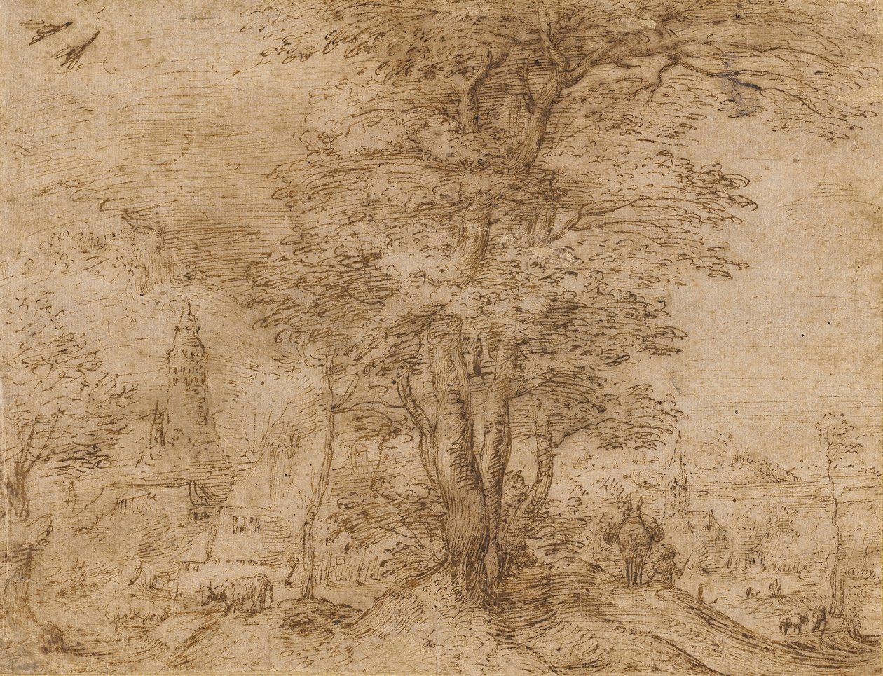 Uma vila com um grupo de árvores e uma mula, c.1552-54 de Pieter Bruegel the Elder