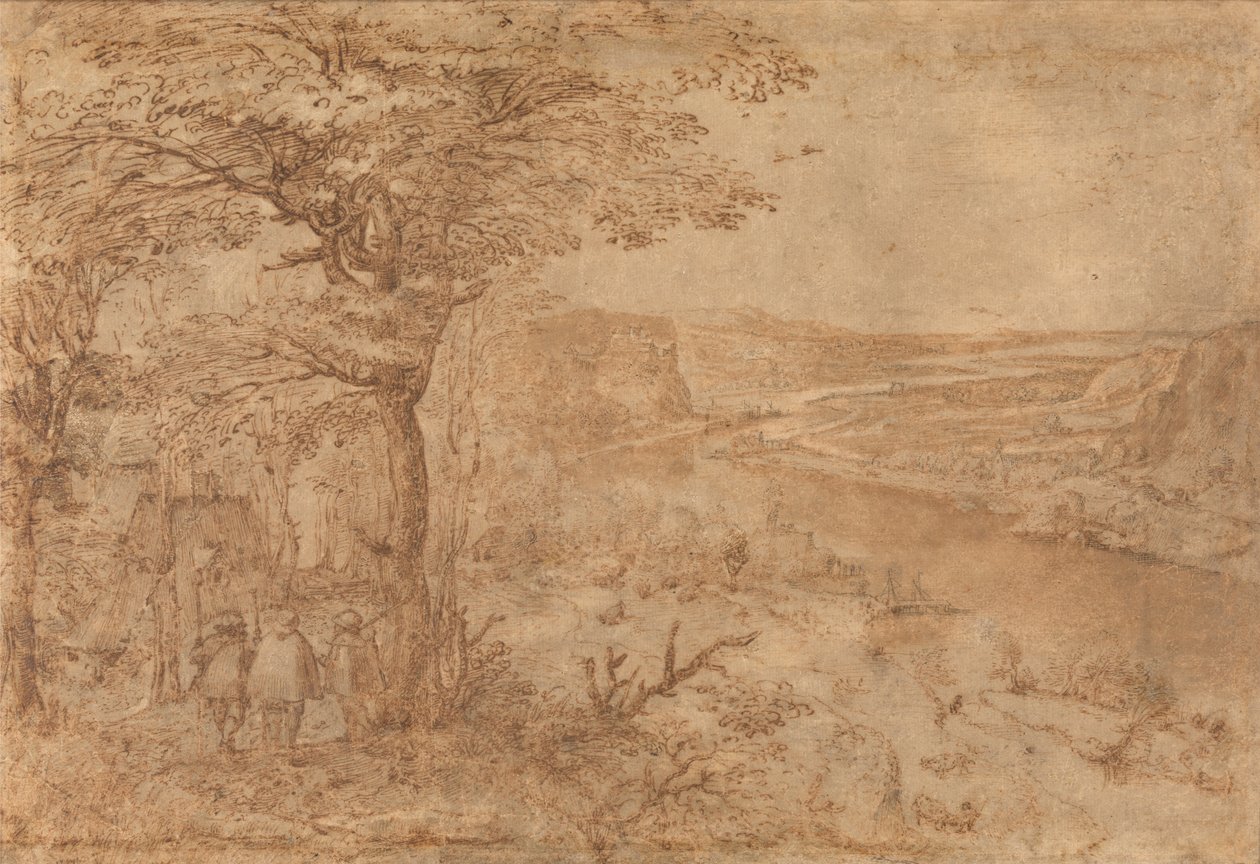 Paisagem com peregrinos (caneta e tinta castanha sobre papel) de Pieter Bruegel the Elder