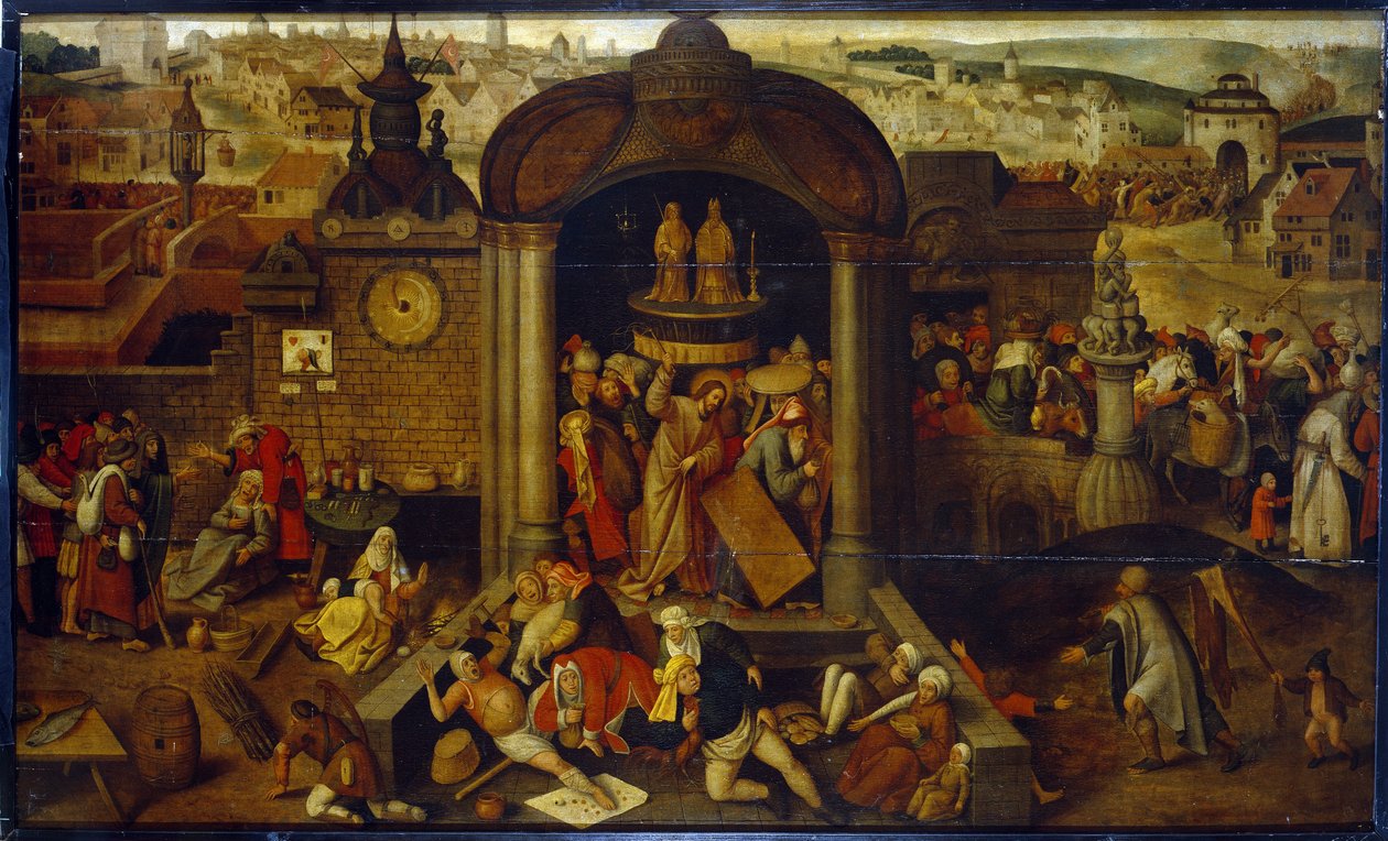 Cristo a conduzir o emprestador de dinheiro do Templo. (Cristo conduzindo o emprestador de dinheiro do Templo). Com cenas da Paixão de Cristo ao fundo, em frente ao panorama da cidade. Pintura por um artista holandês influenciado por Hieronymus (Jerome) Bo de Pieter Bruegel the Elder