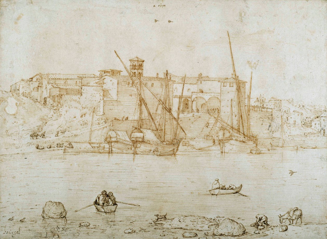 Vista da Ripa Grande, Roma, c.1552 (caneta e tinta sobre papel) de Pieter Bruegel the Elder