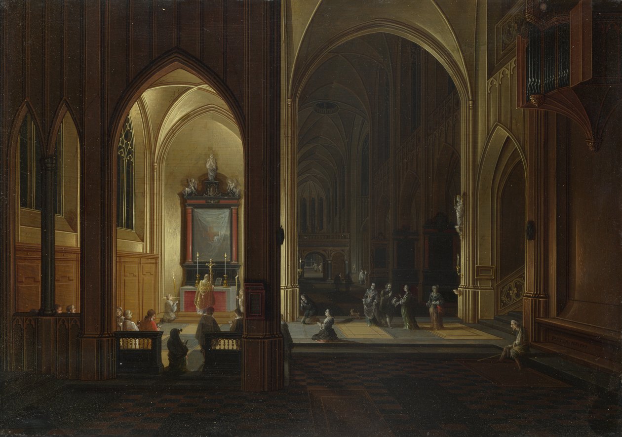Um culto à noite em uma igreja, 1649 de Pieter the Elder Neeffs