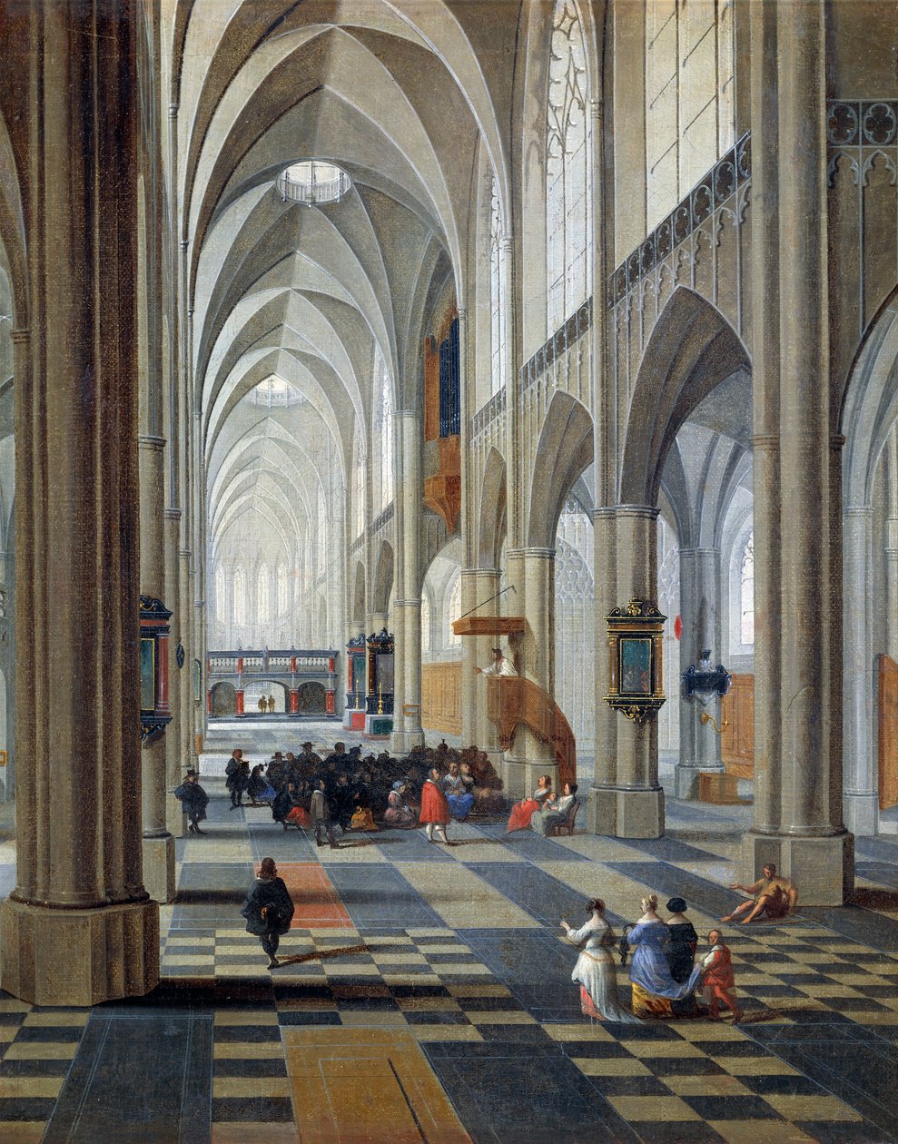 Interior da catedral de Antuérpia por Peeter Neefs Elder (ca 1578-entre 1656 e 1661), detalhe de Pieter the Elder Neefs