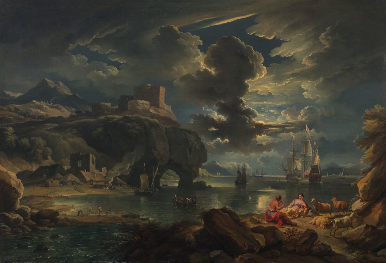 Uma paisagem costeira mediterrânea iluminada pela lua, c.1700-01 (óleo sobre tela) de Pieter the Younger Mulier