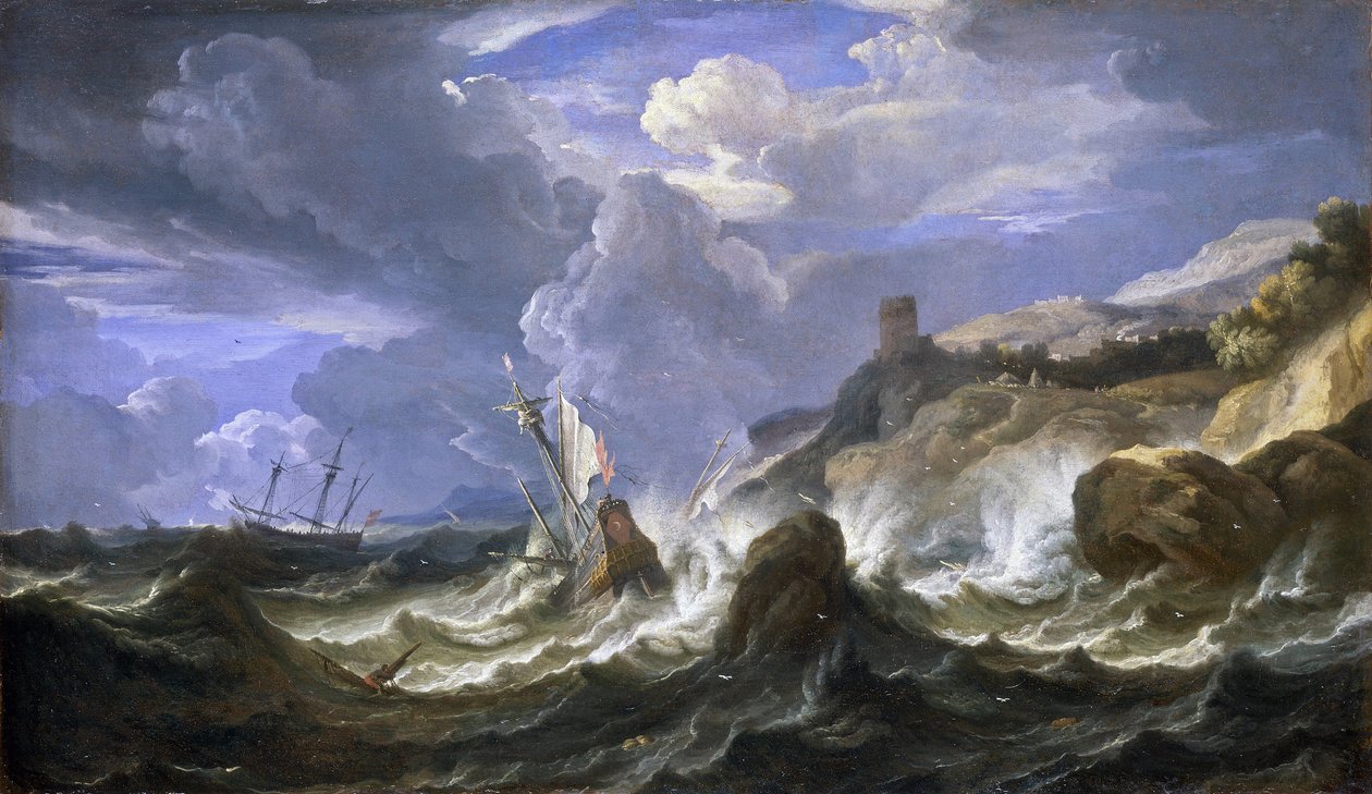 Naufrágio numa tempestade perto de uma costa rochosa. Óleo sobre tela, meados do século XVII, de Pieter Mulier II, o Jovem (ou Pietro Mulieribus ou Pietro Cavaliere Tempesta) (1637-1701). de Pieter the Younger (1637 1701) Mulier
