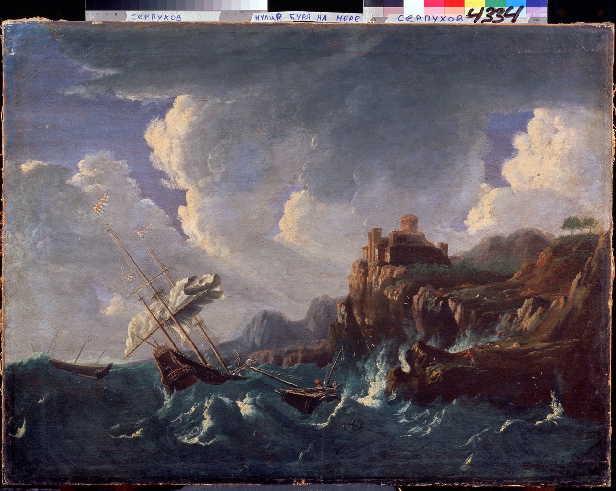 Mar tempestuoso. Mar tempestuoso. Pintura de Pieter Mulier II, o Jovem (ou Pietro Mulieribus ou Pietro Cavaliere Tempesta) (1637-1701). Arte holandesa, estilo barroco. Óleo sobre tela. Museu Estadual de História e Arte, Serpukhov (Serpukhov). de Pieter the Younger Mulier