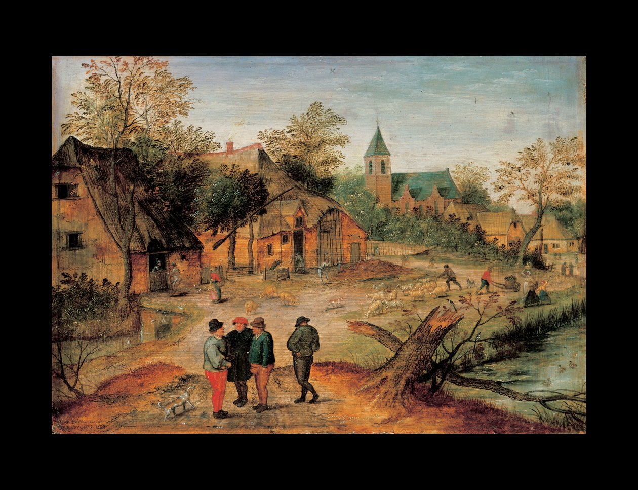 Uma paisagem de vila com agricultores conversando em primeiro plano, 1634 de Pieter Brueghel the Younger
