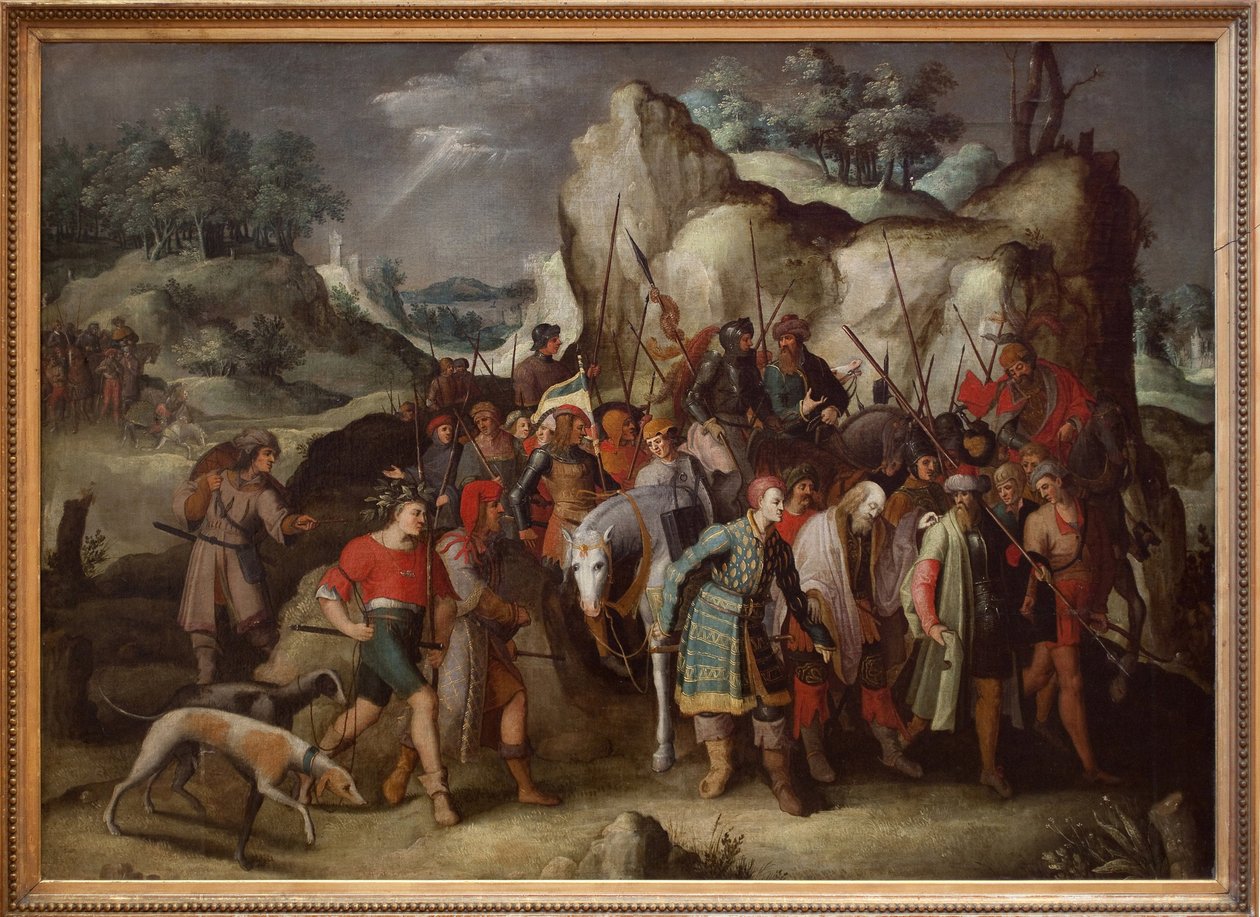 São Paulo conduz a Damasco (Síria), após a sua conversão. Esta pintura, diretamente de uma gravura de Lucas de Leiden (1509), representa o episódio seguinte à queda do cavalo de Saulo de Tarso, que se tornará São Paulo, depois de ter sido terraço de Pieter the Younger Brueghel