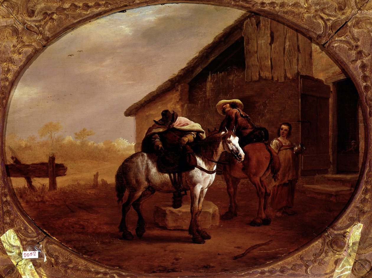 Saída do hotel Dois cavaleiros cavalgam em seus cavalos após uma parada em uma pousada. Pintura de Pieter Van Laer dit Bamboccio (BAmboche ou Bamboots) (1592/5-1642) (ec.holl.) Sol do século XVII. 32x43 cm Paris, musee du Louvre - Saída da pousada, por Pie de Pieter van Laar