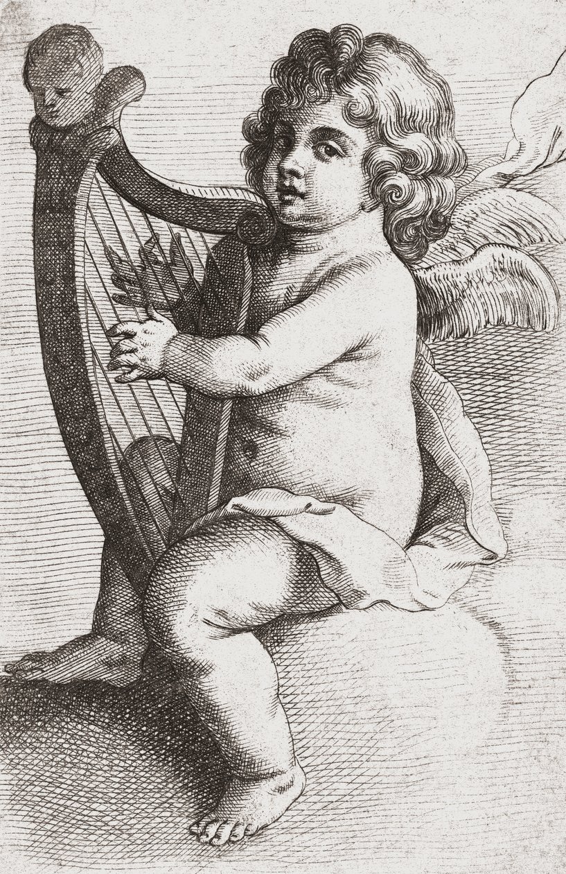 Um anjo criança tocando harpa. de Pieter van Avont