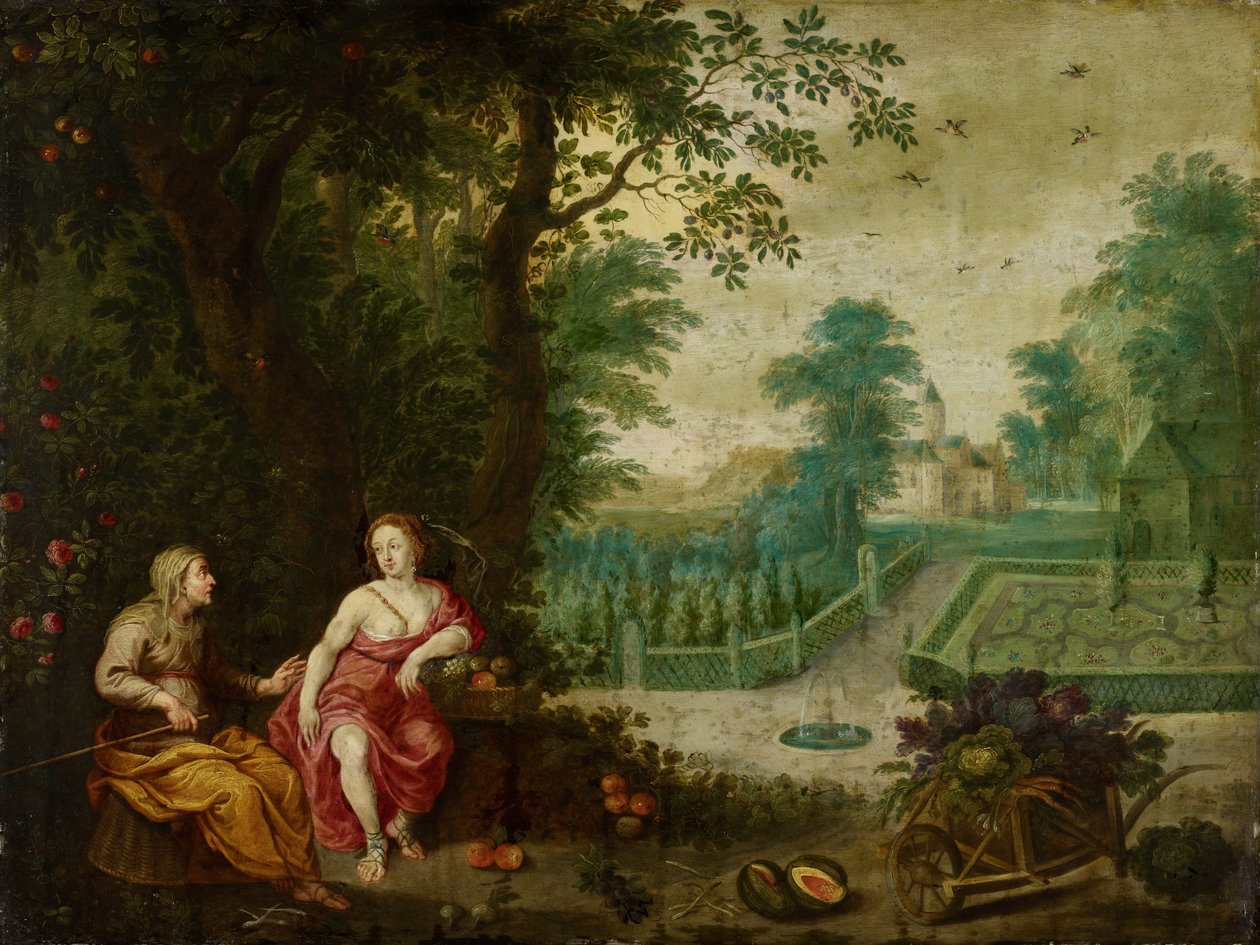 Vertumnus e Pomona (óleo em cobre) de Pieter van Avont