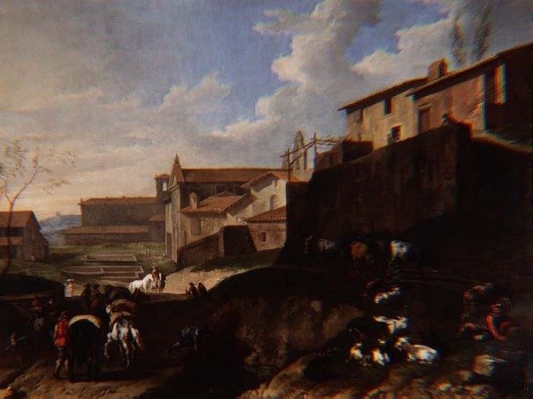 Vista Capriccio com igrejas, casas de campo e viajantes (petróleo) de Pieter van Bloemen