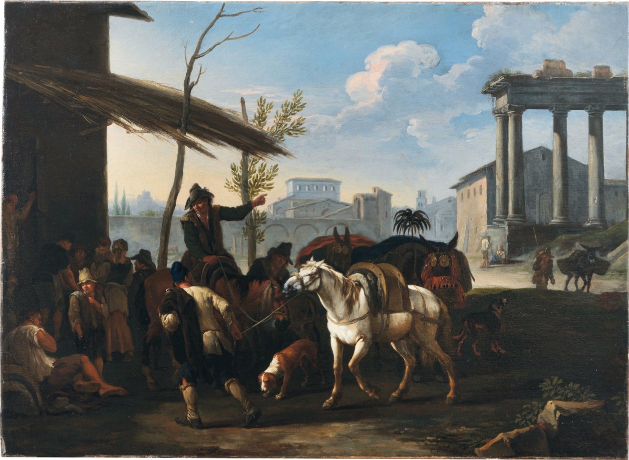 Camponeses à porta de uma estalagem, uma cidade e ruínas antigas mais além de Pieter van Bloemen