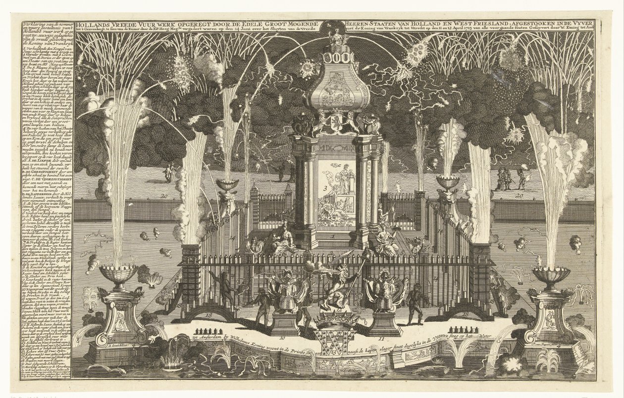 Fogos de artifício em homenagem à paz de Utrecht, 1713 Fogos de artifício da paz holandeses erguidos pelo Nobre Groot Mogende Heeren Estados da Holanda e Frísia Ocidental, disparados no rio para Haia (...) (título no objeto) de Pieter van Buysen jr.