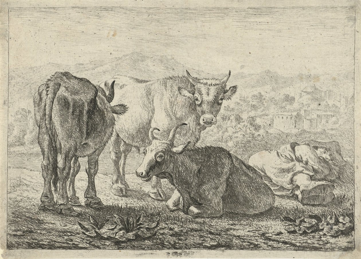 Alemão: Drei Rinder und ein schlafender Hirte
Francês: Les boeufs
Três bovinos e um pastor adormecido de Pieter van Laer