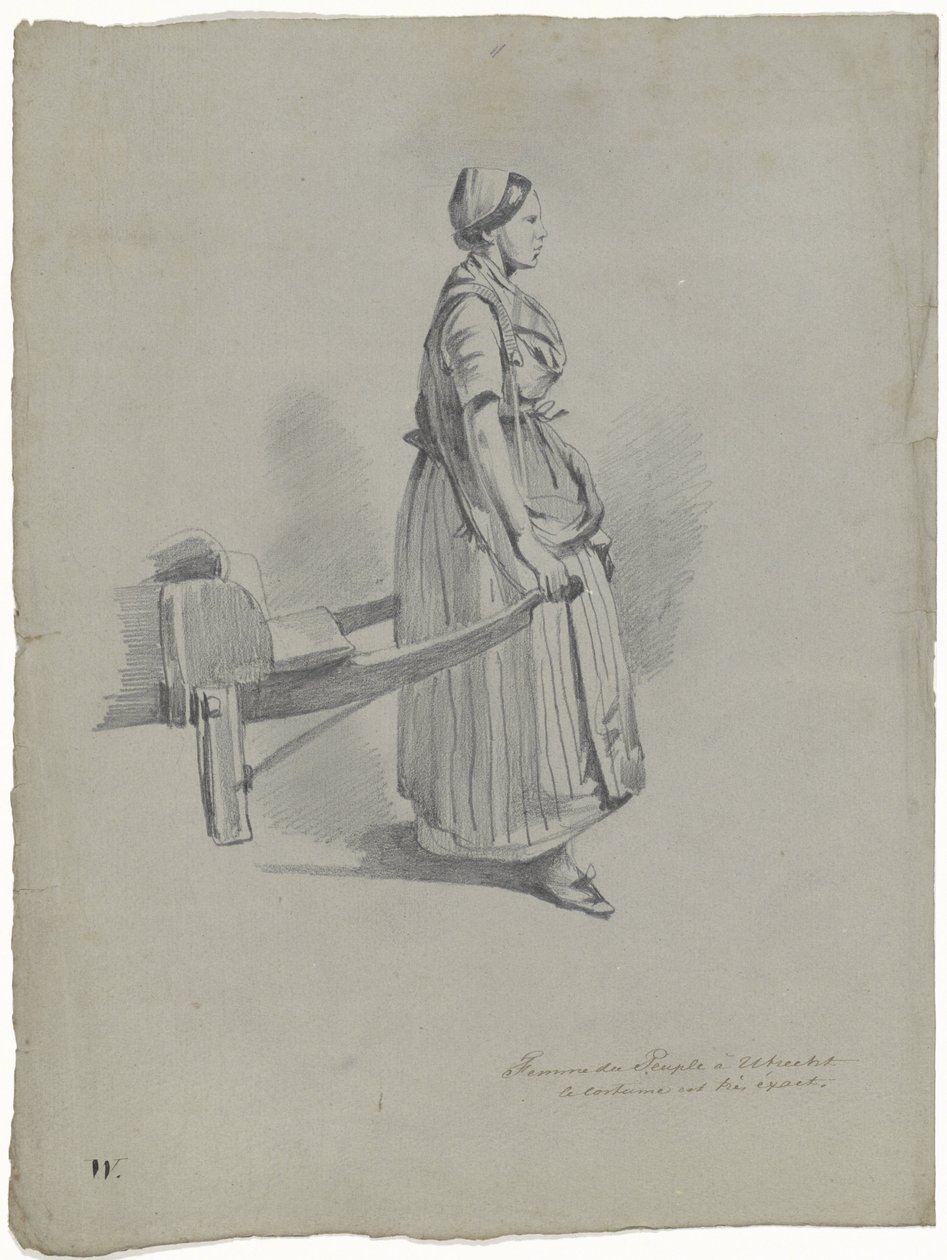 Mulher em pé puxando um carrinho em Utrecht Femme du Peuple à Utrecht (título no objeto) de Pieter van Loon