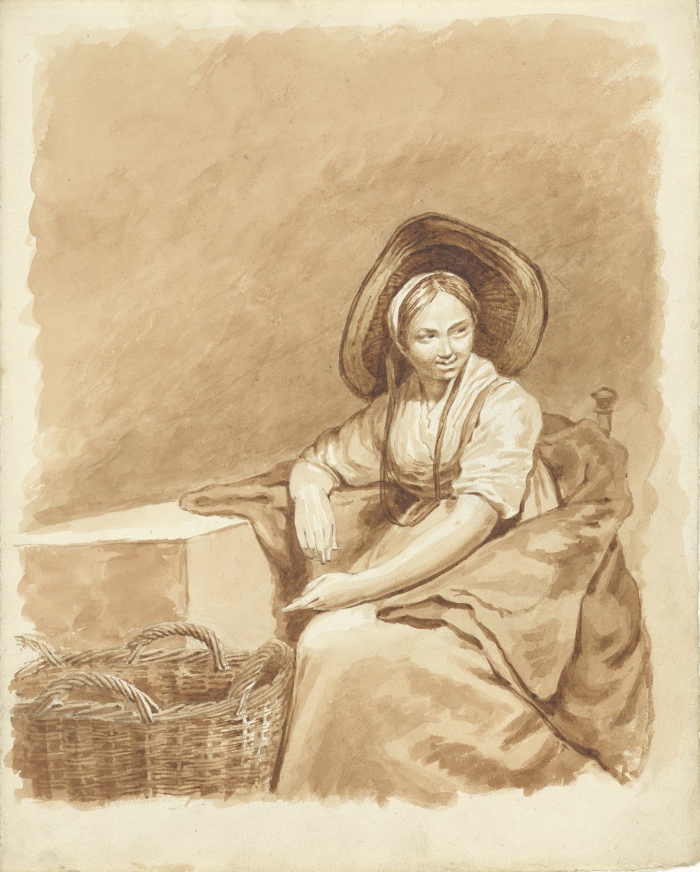 Menina sentada com um grande chapéu e uma cesta de Pieter van Loon