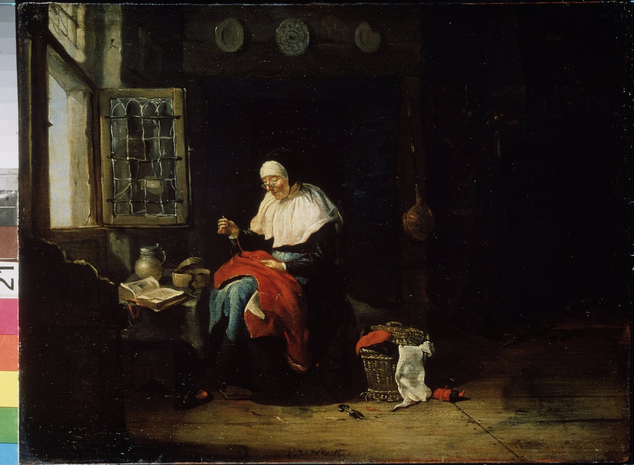 O Trabalho da agulha. Uma mulher velha em frente de uma janela costura um pano vermelho. Ela está a usar óculos. Pintura por Pieter Van Noort (1602- depois de 1662) de Pieter van Noort