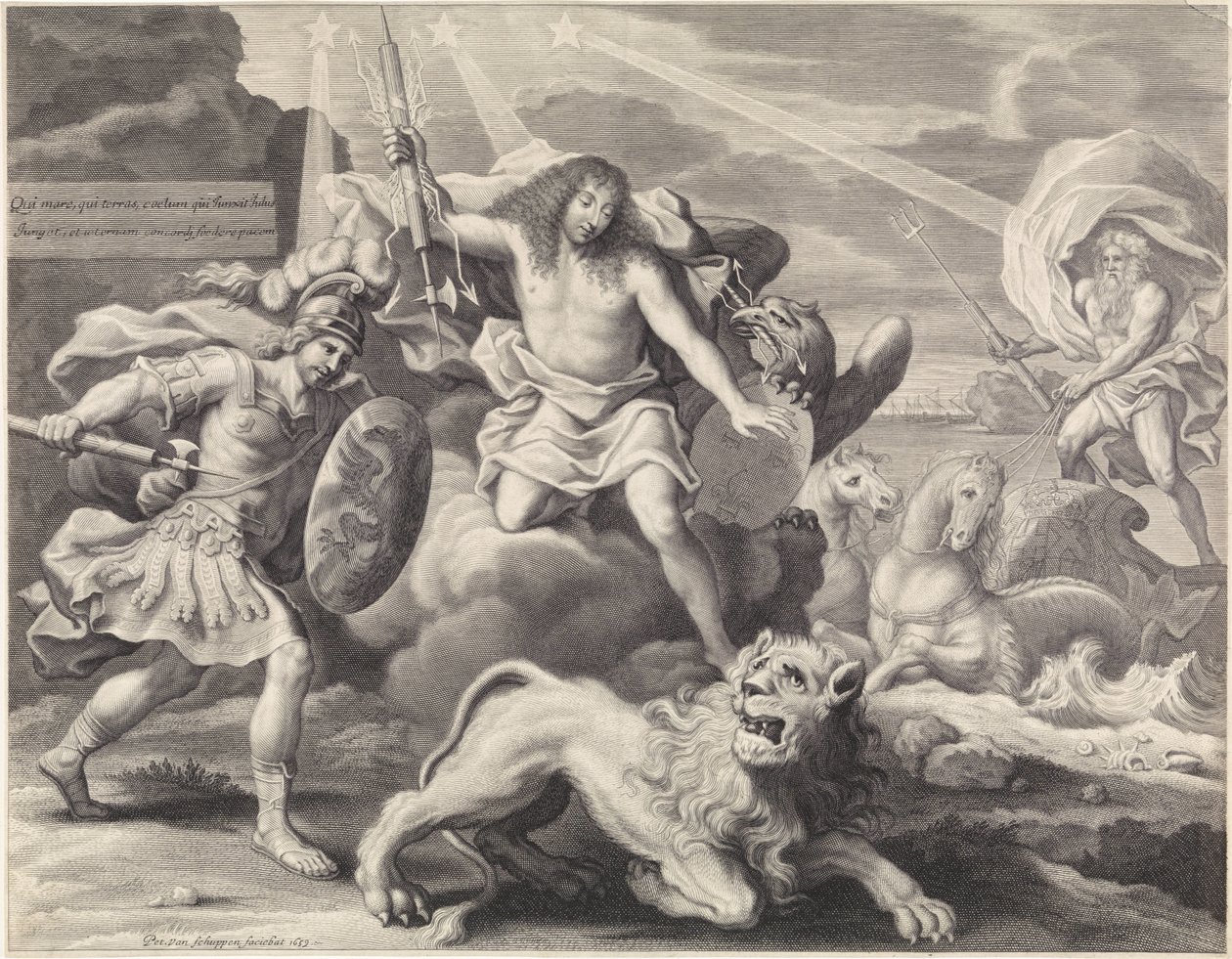 Impressão promocional com representação alegórica de Luís XIV como Júpiter, 1659 de Pieter van Schuppen