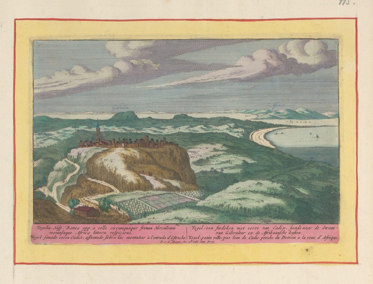 Vista de Vejer de la Frontera Vegel, uma cidadela não muito longe de Cadix, contemplava o Estreito de Gibraltar e as costas africanas (título no objeto) Theatrum Hispaniae (...) (título da série) de Pieter van den Berge