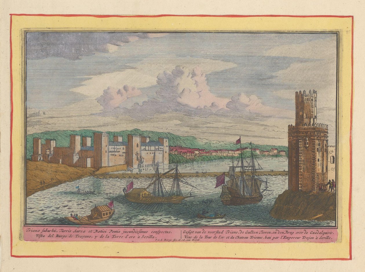 Vista da Torre del Oro e do subúrbio de Triana, perto de Sevilha
Vista do subúrbio de Triana, da Torre Dourada e da ponte sobre o Guadalquivir (título sobre o objecto)
Theatrum Hispaniae (...) (título da série) de Pieter van den Berge