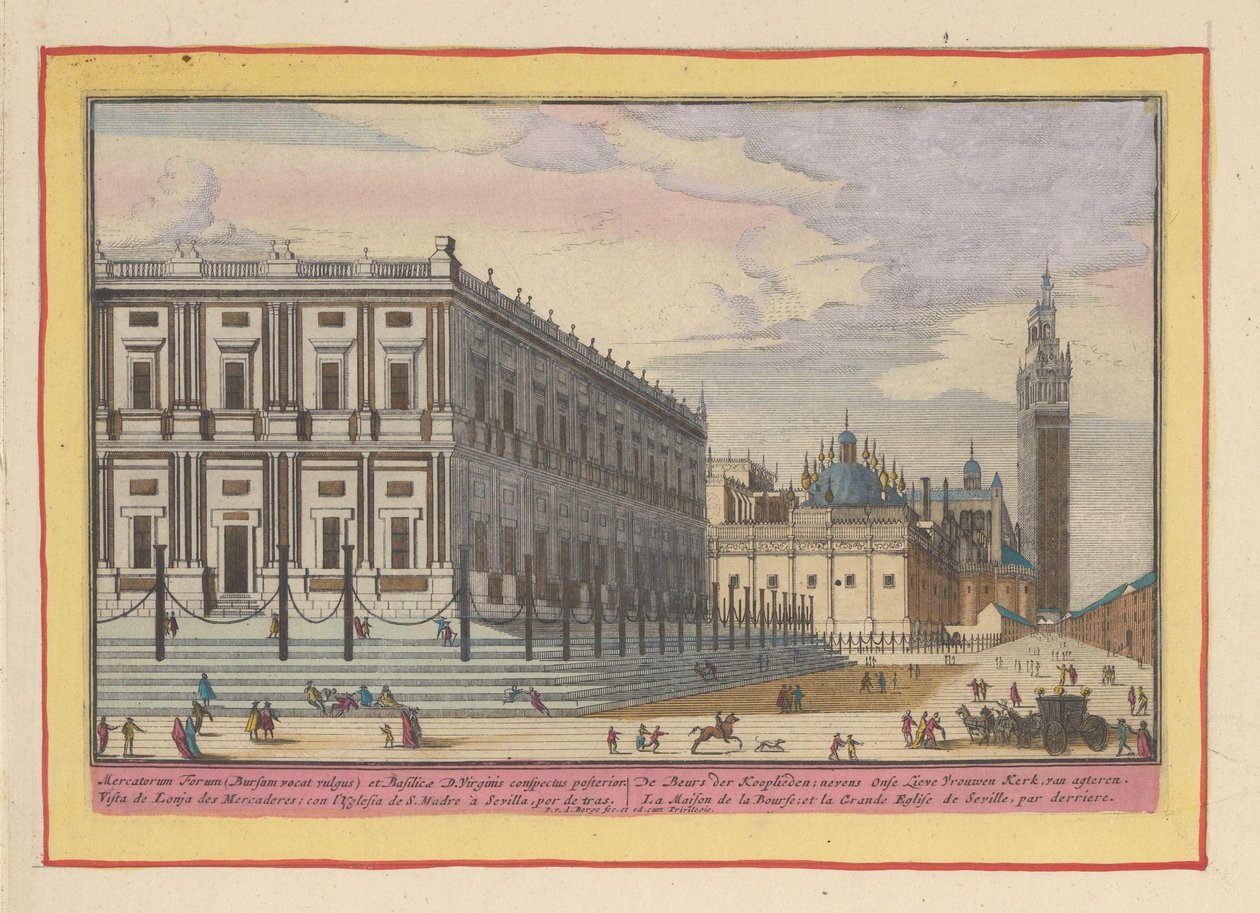 Vista da bolsa de valores em Sevilha A Feira do Mercador; ao lado da Igreja de Nossa Senhora, van agteren (título no objeto) Theatrum Hispaniae (...) (título da série) de Pieter van den Berge