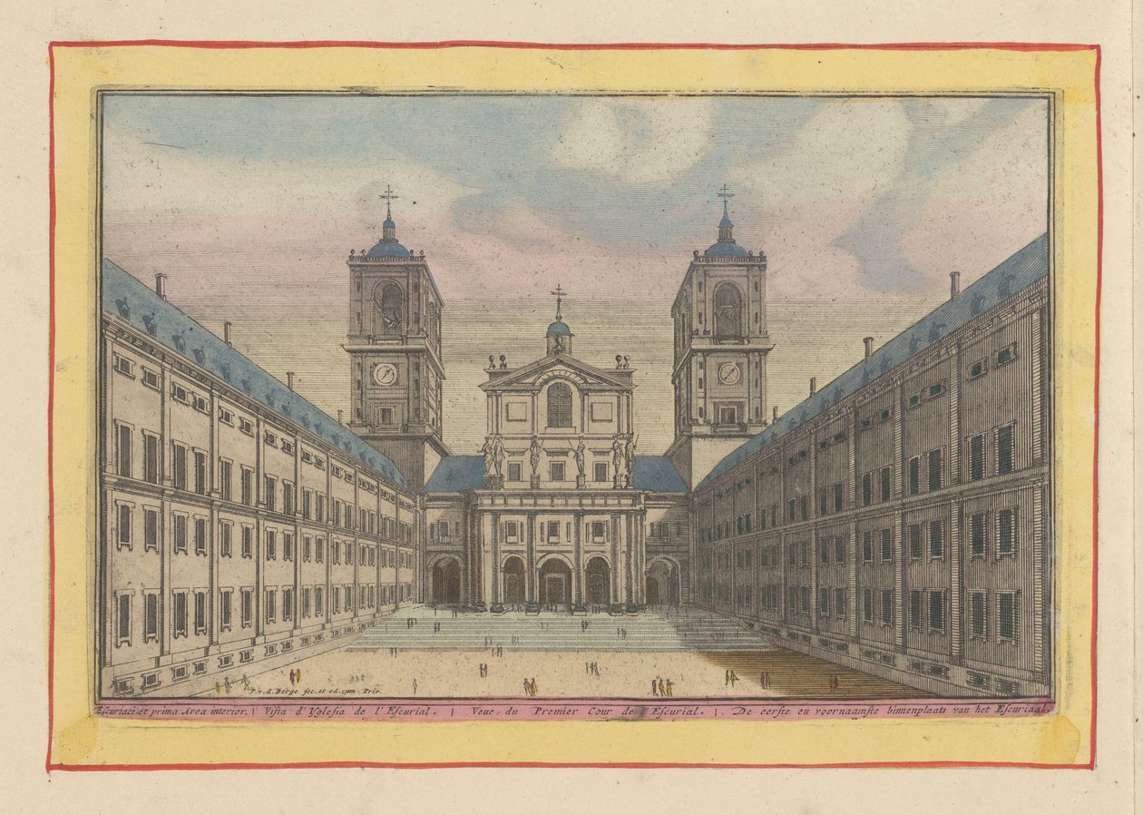 Vista do pátio e entrada da Igreja de San Lorenzo no Escorial O primeiro e principal pátio do Escurial (título no objeto) Theatrum Hispaniae (...) (título da série) de Pieter van den Berge
