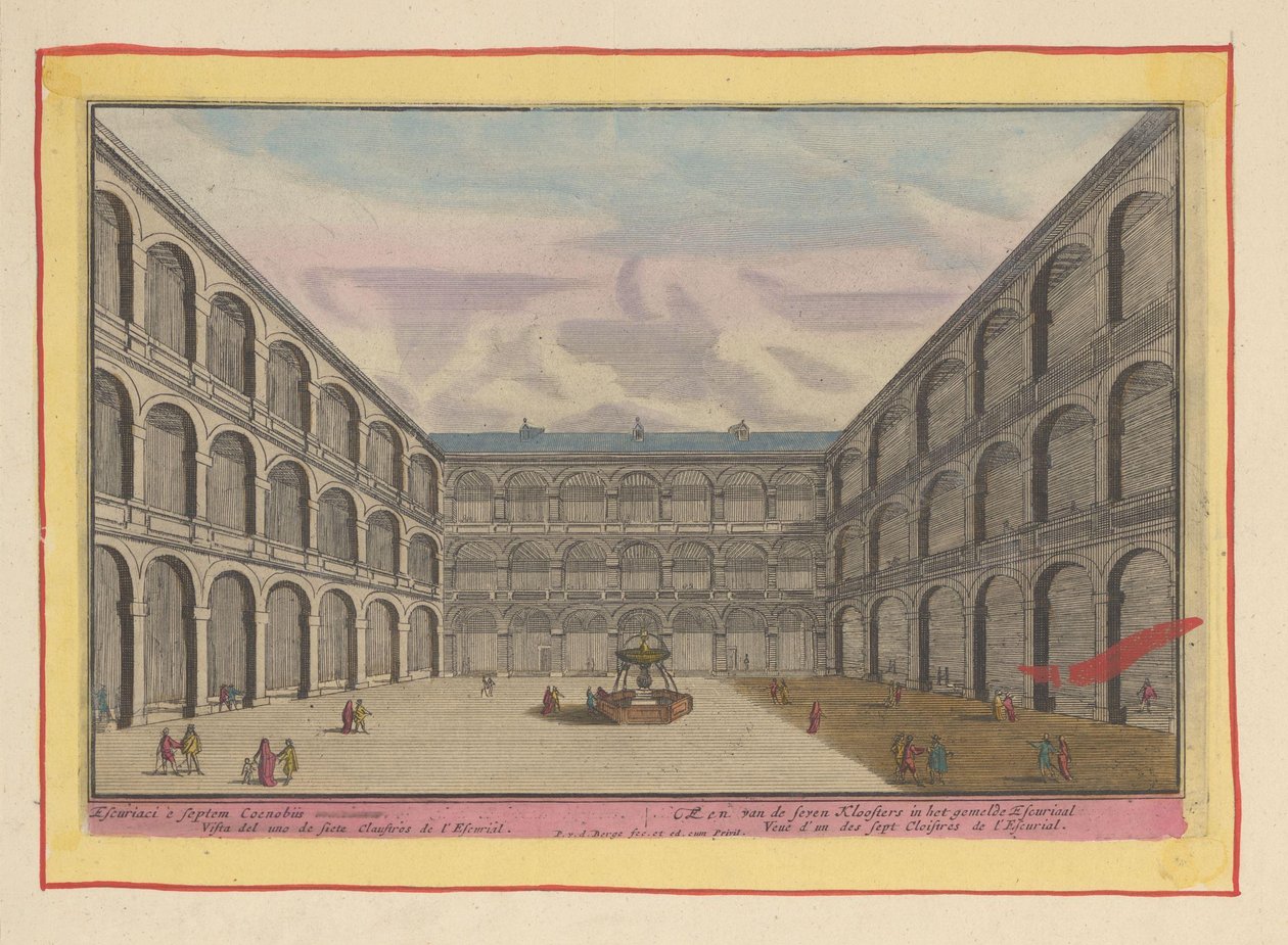 Vista do pátio de um dos mosteiros do Escorial Um dos Sete Mosteiros no Escurial relatado (título no objeto) Theatrum Hispaniae (...) (título da série) de Pieter van den Berge