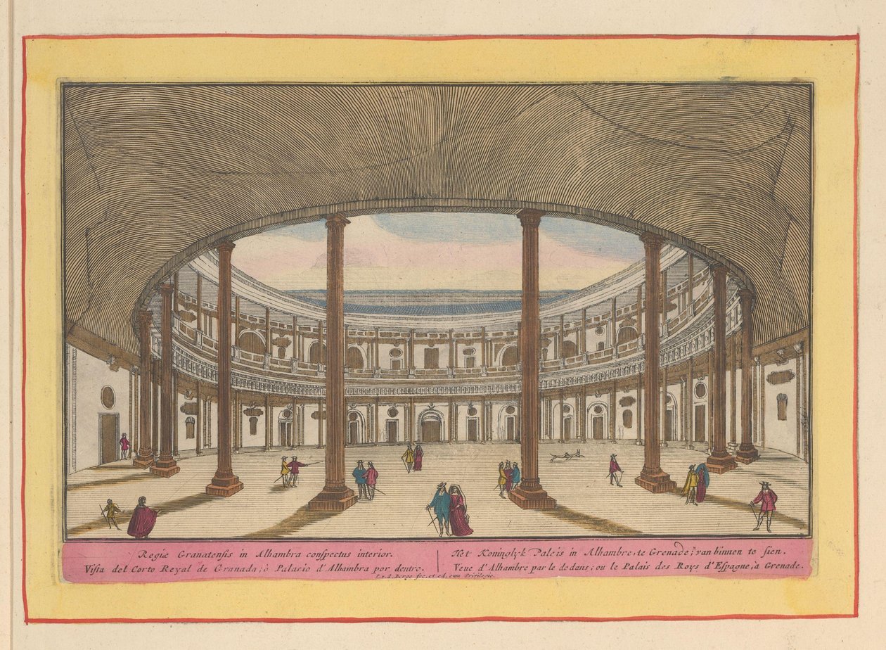 Vista do pátio do Palácio de Carlos V em Granada O Palácio Real em Alhambre, Granada; ver de dentro (título no objeto) Theatrum Hispaniae (...) (título da série) de Pieter van den Berge