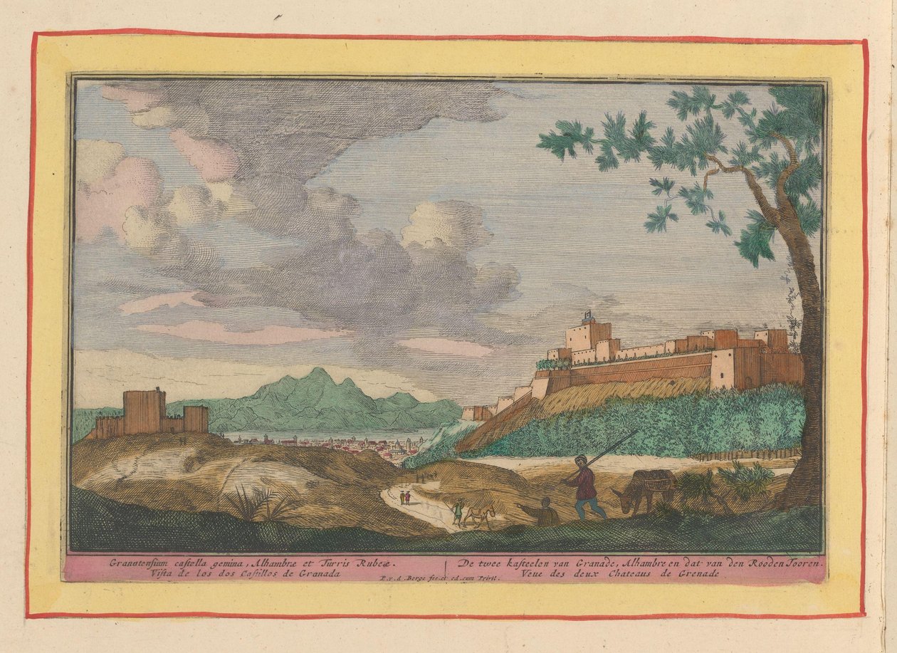 Vista dos edifícios da Alhambra em Granada
Os dois castelos de Granada, Alhambre e o da Torre Vermelha (título sobre o objecto)
Theatrum Hispaniae (...) (título da série) de Pieter van den Berge