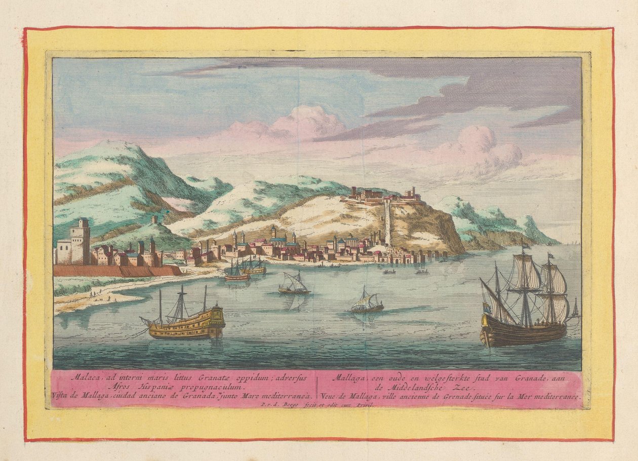 Vista da cidade de Málaga no Mar Mediterrâneo Mallaga, uma antiga e fortificada cidade de Granade, no Mar Mediterrâneo (título no objeto) Theatrum Hispaniae (...) (título da série) de Pieter van den Berge