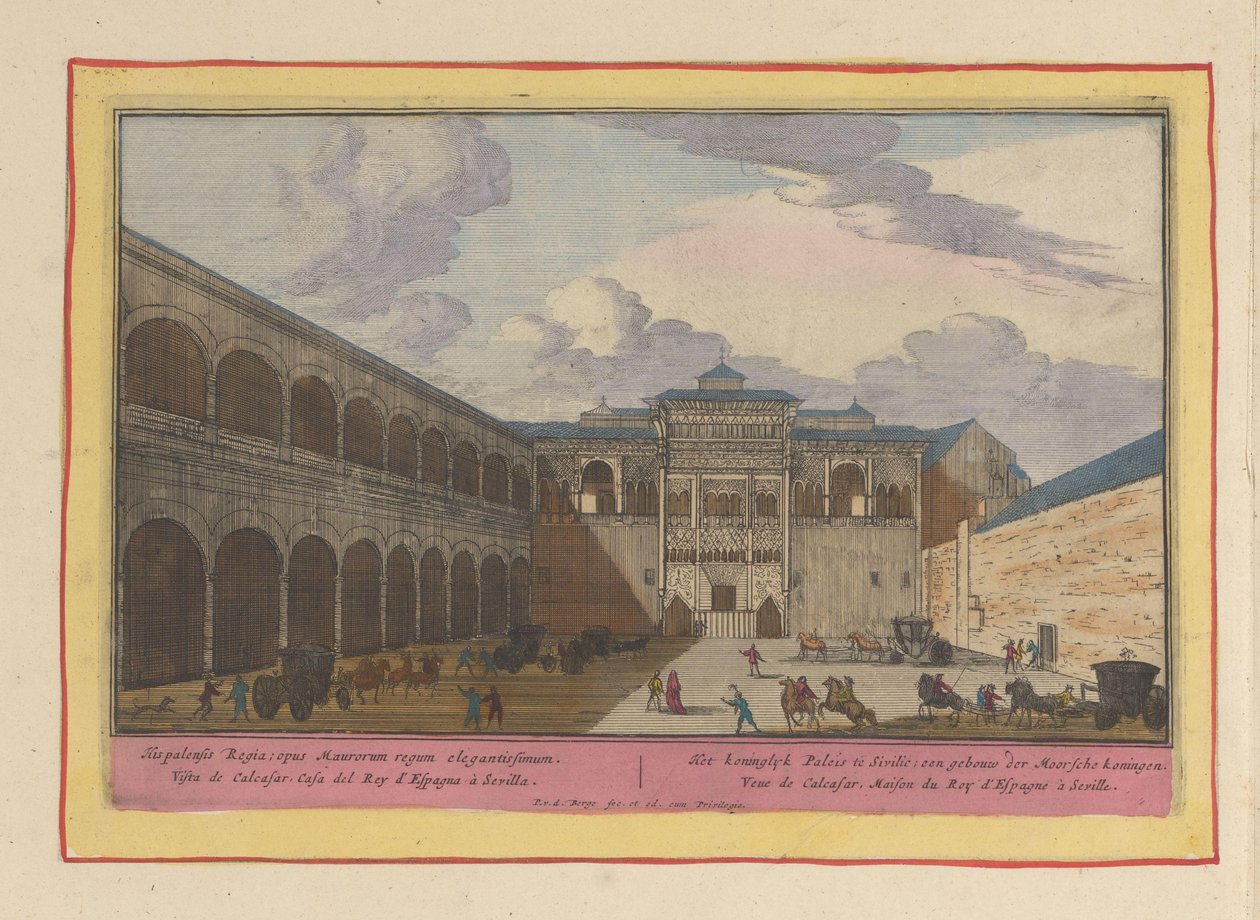 Vista de um pátio do Real Alcázar de Sevilha O Palácio Real na Sicília; um edifício dos reis mouros (título no objeto) Theatrum Hispaniae (...) (título da série) de Pieter van den Berge