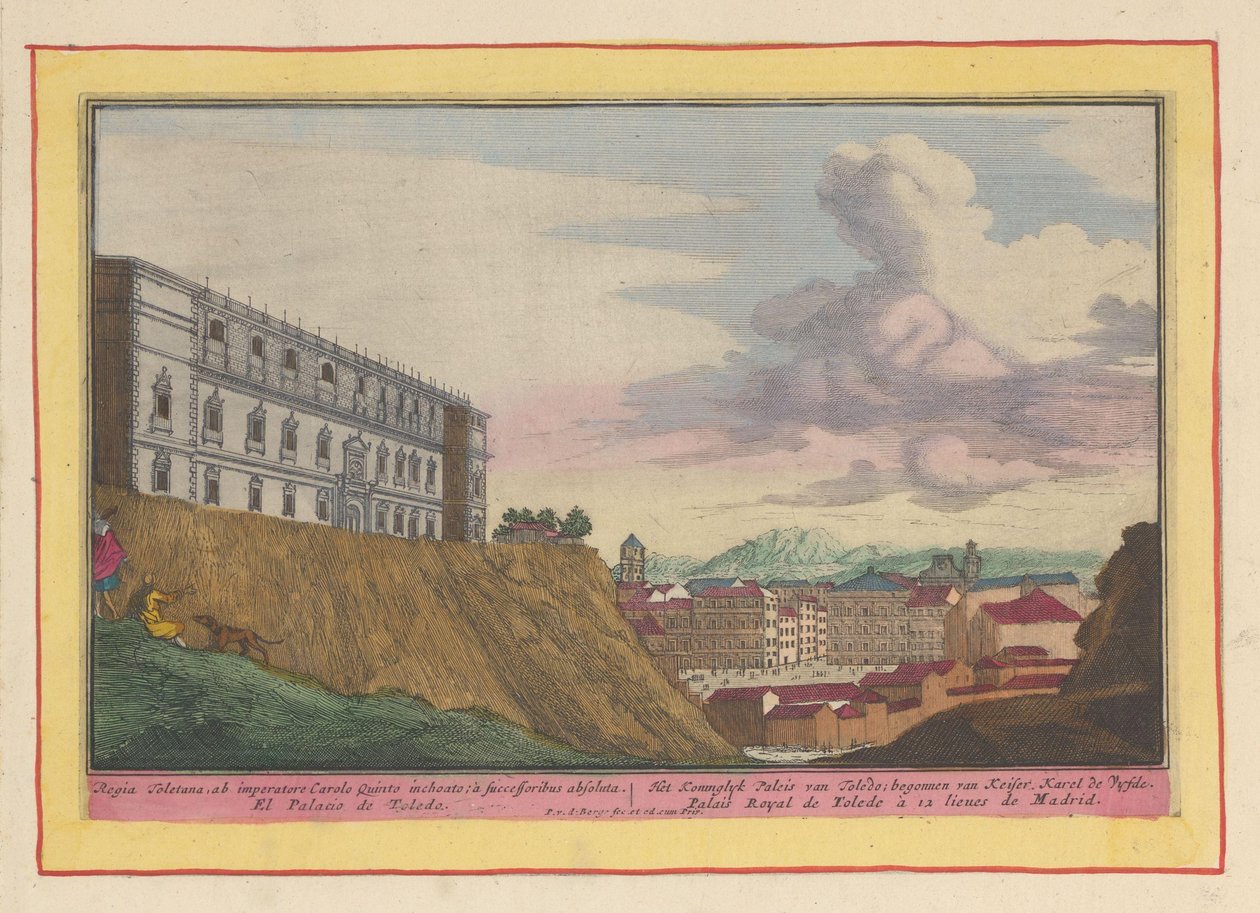 Vista do Alcázar de Toledo e da cidade
O Palácio Real de Toledo; iniciado por Carlos V (título sobre o objecto)
Theatrum Hispaniae (...) (título da série) de Pieter van den Berge