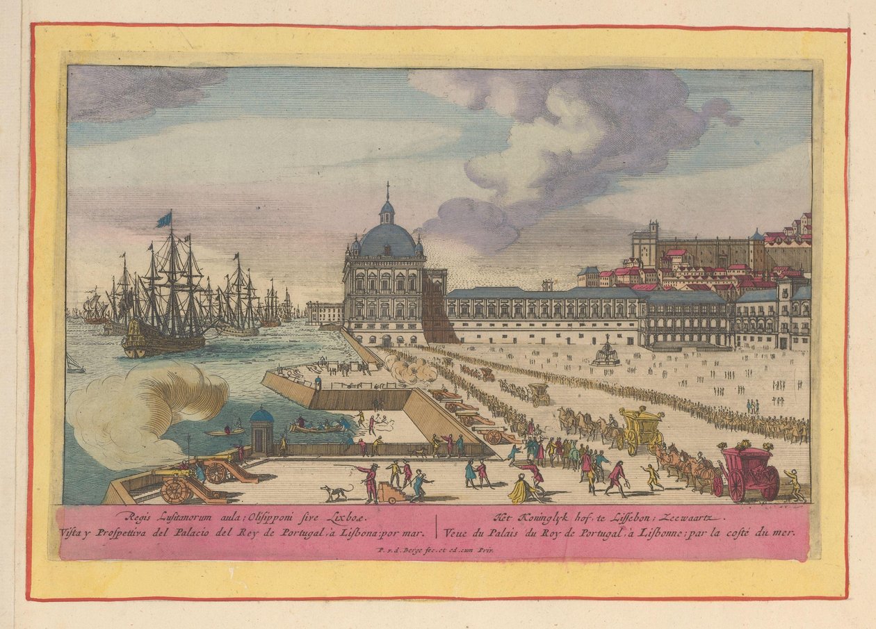 Vista do Palácio Real em Lisboa e o adro com pessoas A Corte Real, em Lisboa; Zeewaartz (título no objeto) Theatrum Hispaniae (...) (título da série) de Pieter van den Berge