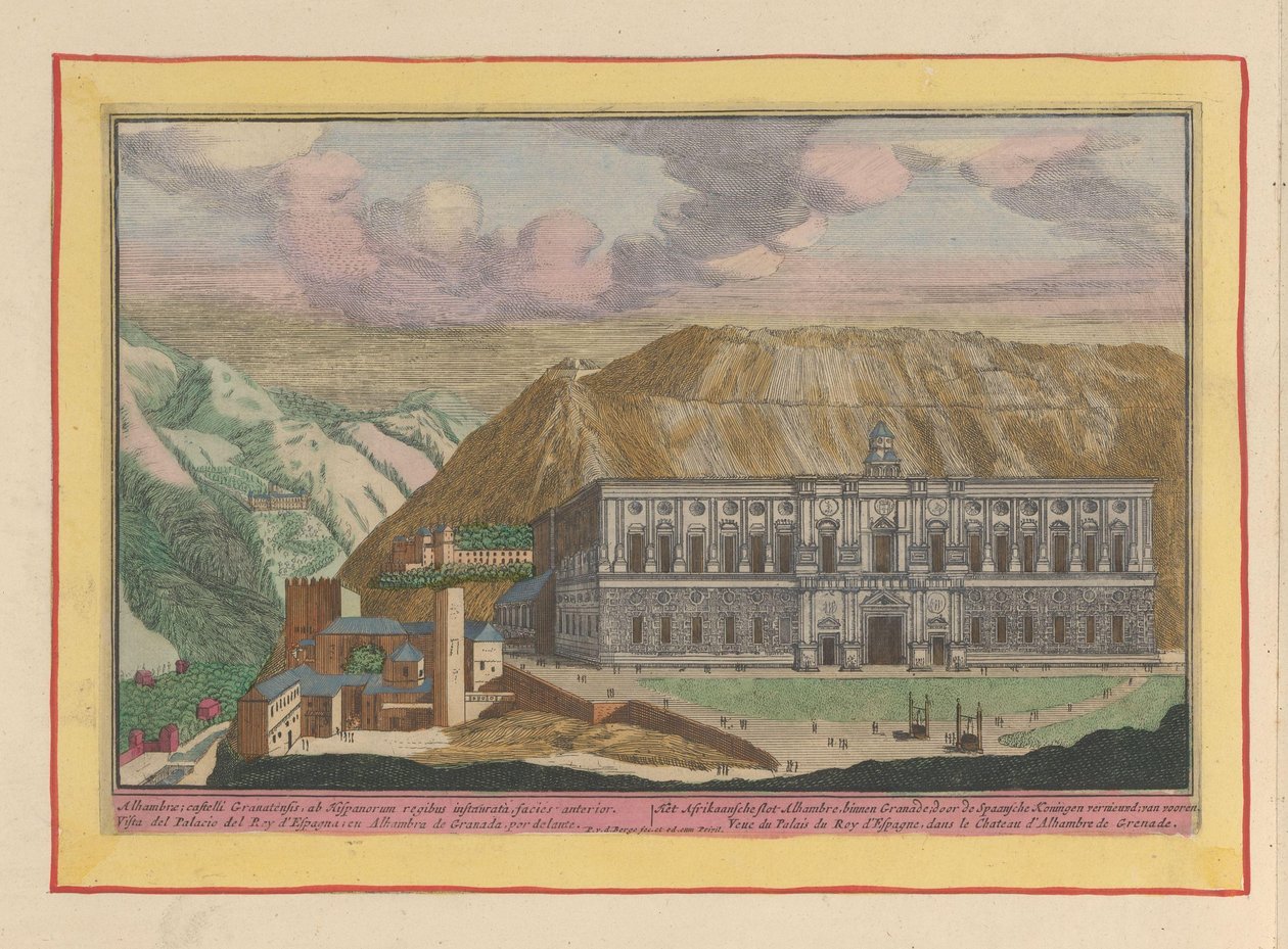 Vista do Palácio de Carlos V em Granada
O Castelo Africano de Alhambre, dentro de Granada; renovado pelos Reis Espanhóis; da frente (título sobre o objecto)
Theatrum Hispaniae (...) (título da série) de Pieter van den Berge