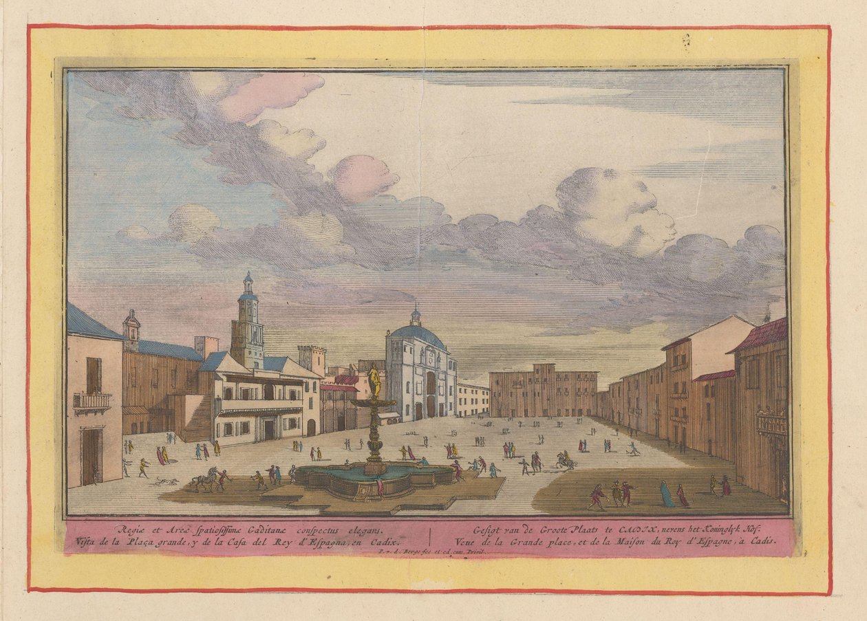 Vista da praça principal em Cádis
Vista do Grande Lugar em Cádis, ao lado da Corte Real (título sobre o objecto)
Theatrum Hispaniae (...) (título da série) de Pieter van den Berge