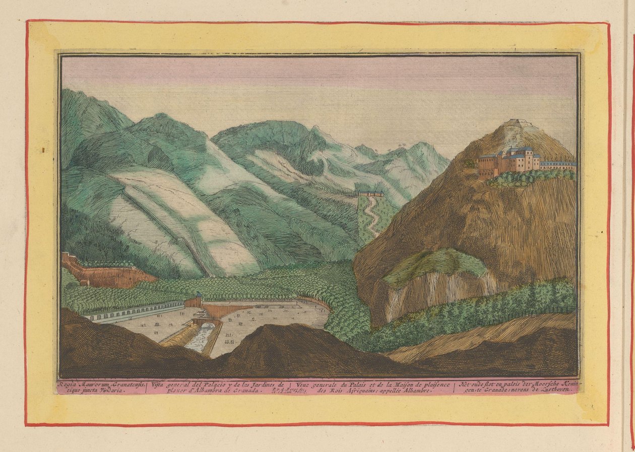 Vista do palácio e jardins dos reis mouros em Granada
O antigo castelo e palácio dos reis mouros, em Granada; ao lado dos jardins do prazer (título sobre o objecto)
Theatrum Hispaniae (...) (título da série) de Pieter van den Berge