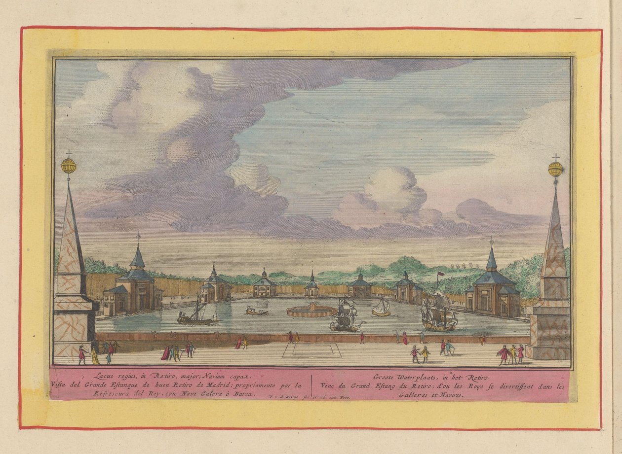 Grande lagoa com navios nos jardins do Palacio del Buen Retiro em Madrid Groote Waterplaats, no Retiro (título no objeto) Theatrum Hispaniae (...) (título da série) de Pieter van den Berge