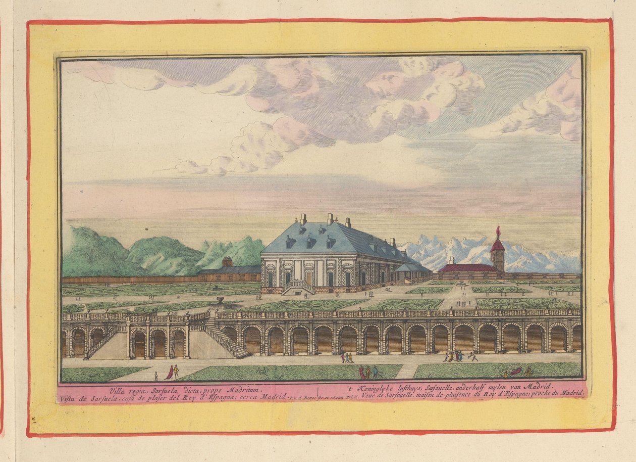 Palácio de caça de Zarzuela fora de Madrid
t Koninglyke Lusthuys, Sarsouelle, a uma milha e meia de Madrid (título sobre o objecto)
Theatrum Hispaniae (...) (título da série) de Pieter van den Berge
