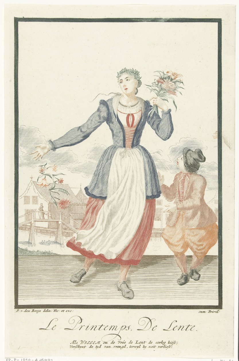 Mulher jovem com um ramo de flores Le Printemps / The Spring (título no objeto) As Quatro Estações (título da série) de Pieter van den Berge