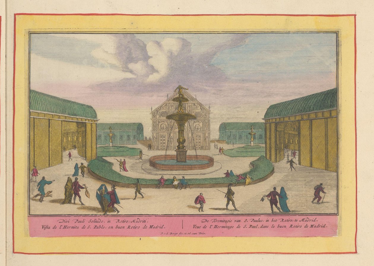 Igreja de Paul the Hermit nos jardins do Palacio del Buen Retiro em Madrid A Eremitagia de São Paulo, no Retiro; em Madrid (título no objeto) Theatrum Hispaniae (...) (título da série) de Pieter van den Berge