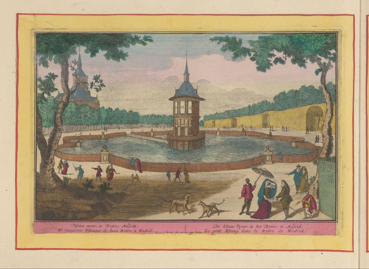 Pequena lagoa nos jardins do Palacio del Buen Retiro em Madrid A kleene Vyver, no Retiro; em Madrid (título no objeto) Theatrum Hispaniae (...) (título da série) de Pieter van den Berge