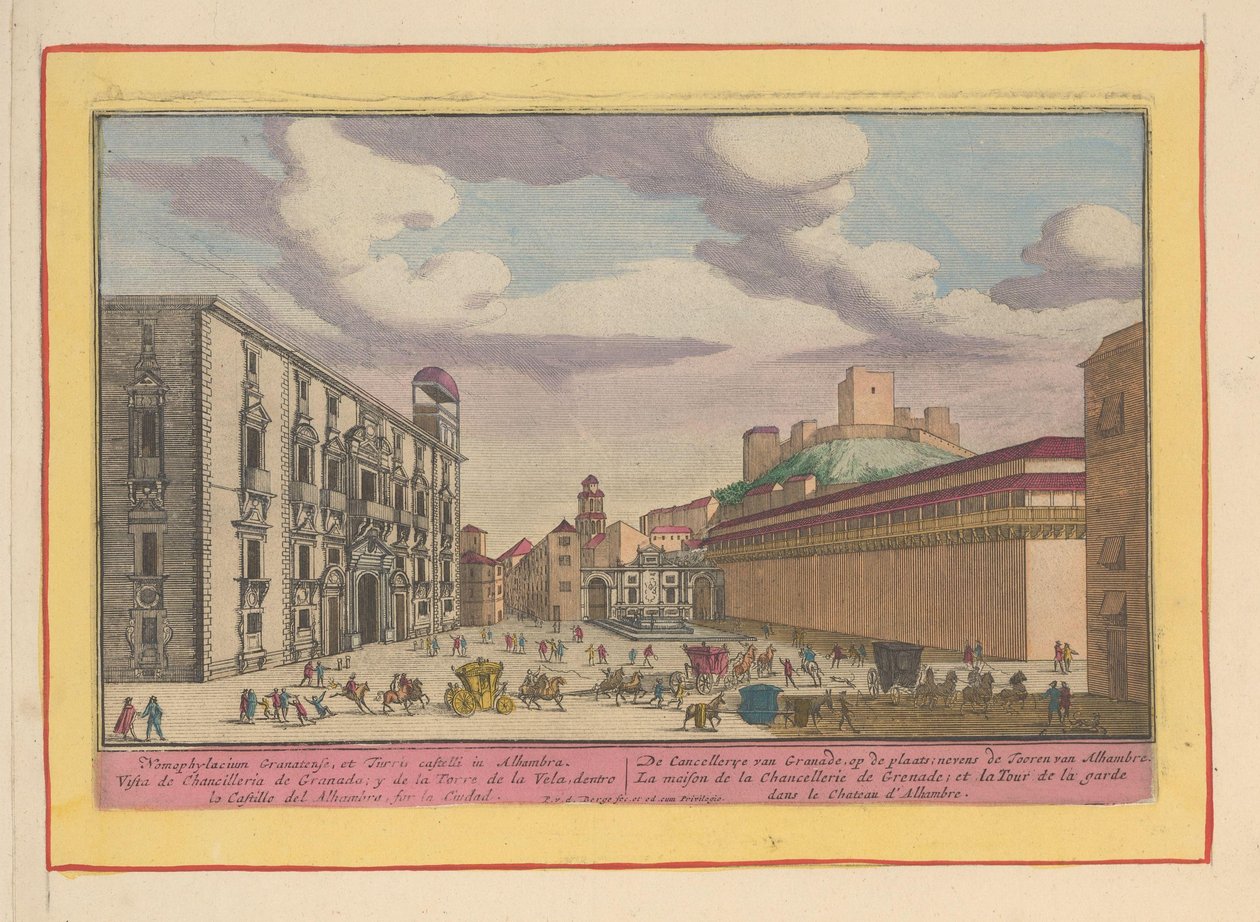 Chancelaria Real ou Real Chancillería em Granada
A Cancelaria de Granada, no site; ao lado da Torre de Alhambre (título sobre o objecto)
Theatrum Hispaniae (...) (título da série) de Pieter van den Berge